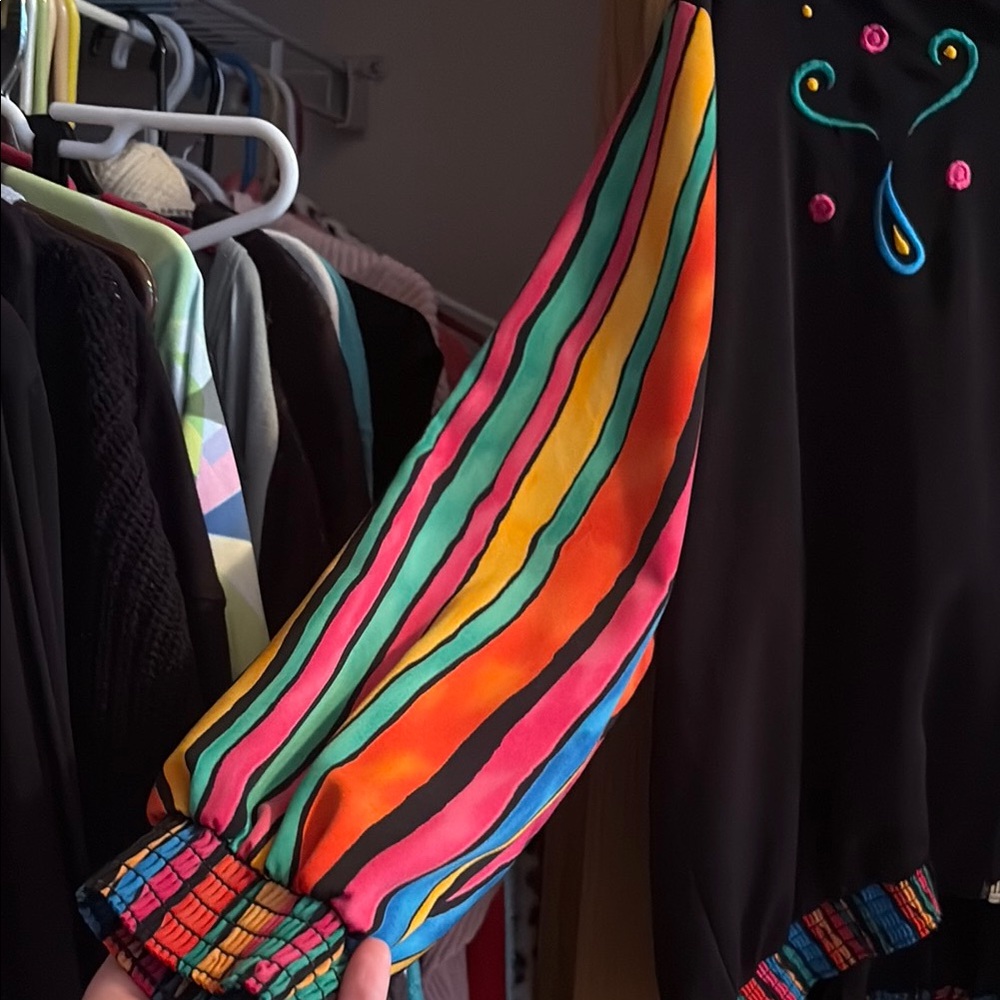 Black Bomber Jacket with Colorful Striped Sleeves - Picture 4 of 5